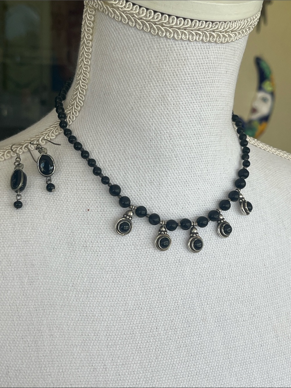 Handcrafted Black Bead Necklace with Sterling Silver Accents - Pendant Earrings